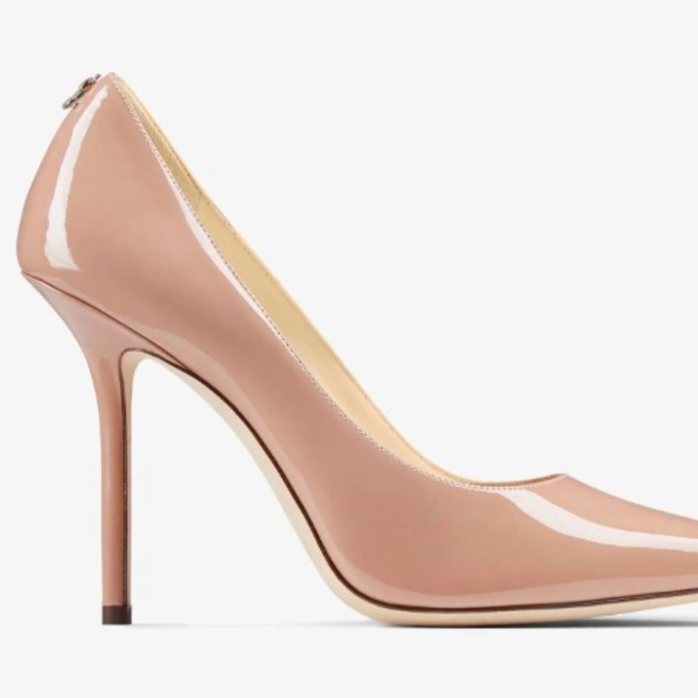 Jimmy Choo Love 100 “ballet pink” neutral beige patent leather pointed pumps